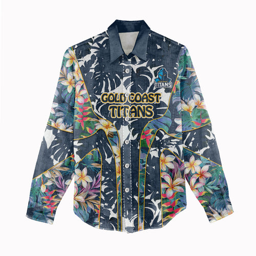 Gold Coast Titans Women Casual Shirt Tropical Hibiscus Floral Pattern With Blue And Yellow Accents