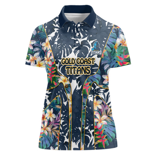 Gold Coast Titans Women Polo Shirt Tropical Hibiscus Floral Pattern With Blue And Yellow Accents