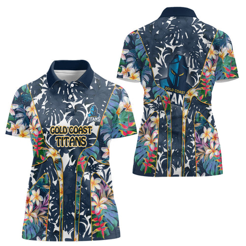 Gold Coast Titans Women Polo Shirt Tropical Hibiscus Floral Pattern With Blue And Yellow Accents