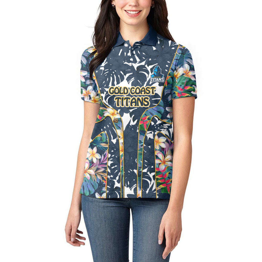 Gold Coast Titans Women Polo Shirt Tropical Hibiscus Floral Pattern With Blue And Yellow Accents