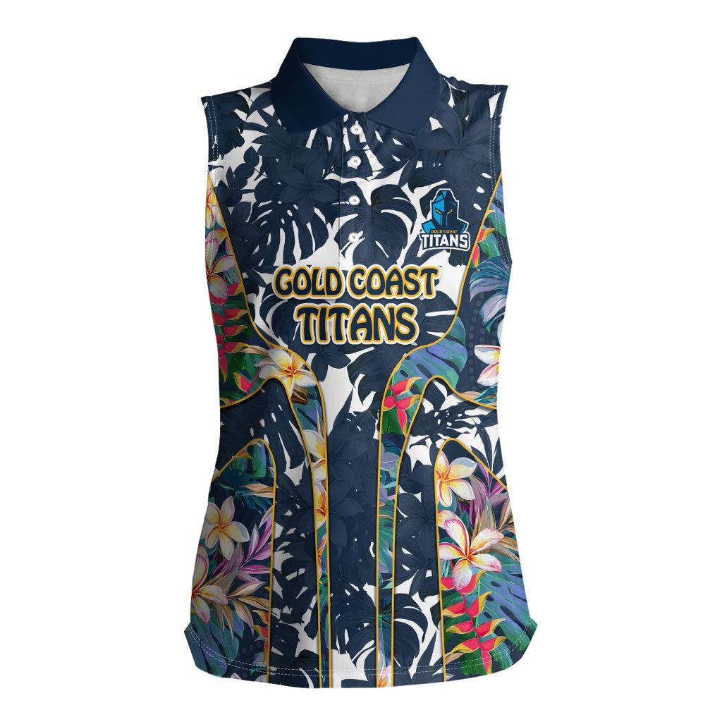 Gold Coast Titans Women Sleeveless Polo Shirt Tropical Hibiscus Floral Pattern With Blue And Yellow Accents