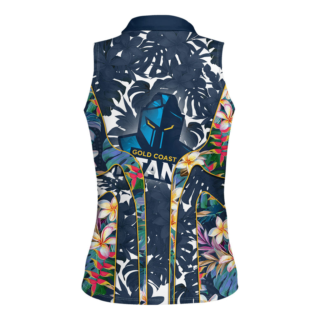 Gold Coast Titans Women Sleeveless Polo Shirt Tropical Hibiscus Floral Pattern With Blue And Yellow Accents
