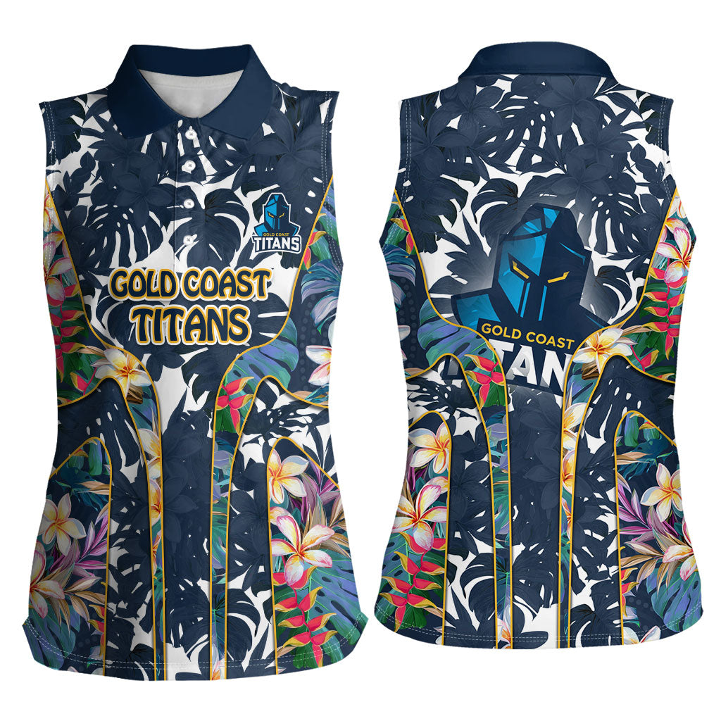 Gold Coast Titans Women Sleeveless Polo Shirt Tropical Hibiscus Floral Pattern With Blue And Yellow Accents