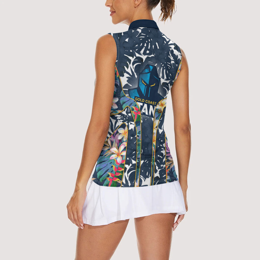 Gold Coast Titans Women Sleeveless Polo Shirt Tropical Hibiscus Floral Pattern With Blue And Yellow Accents
