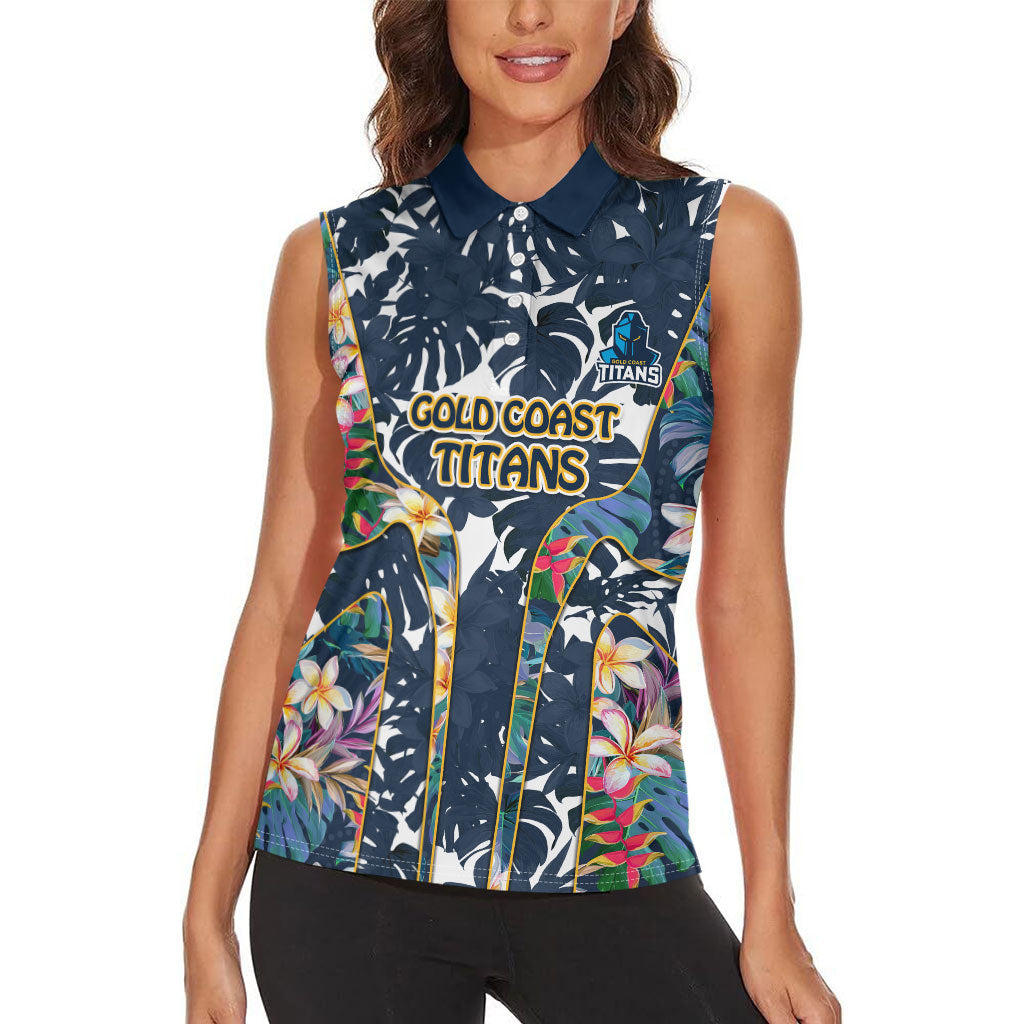 Gold Coast Titans Women Sleeveless Polo Shirt Tropical Hibiscus Floral Pattern With Blue And Yellow Accents