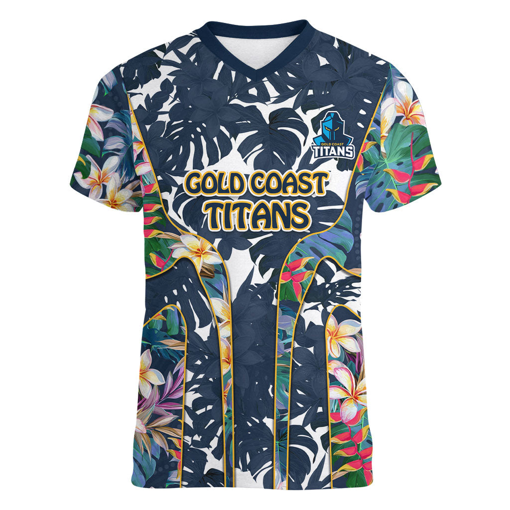 Gold Coast Titans Women V-Neck T-Shirt Tropical Hibiscus Floral Pattern With Blue And Yellow Accents
