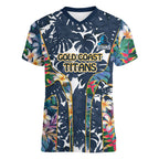 Gold Coast Titans Women V-Neck T-Shirt Tropical Hibiscus Floral Pattern With Blue And Yellow Accents