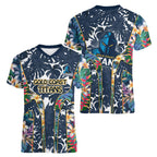 Gold Coast Titans Women V-Neck T-Shirt Tropical Hibiscus Floral Pattern With Blue And Yellow Accents