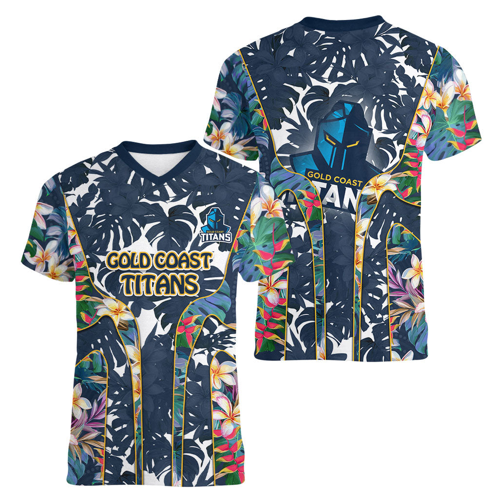 Gold Coast Titans Women V-Neck T-Shirt Tropical Hibiscus Floral Pattern With Blue And Yellow Accents