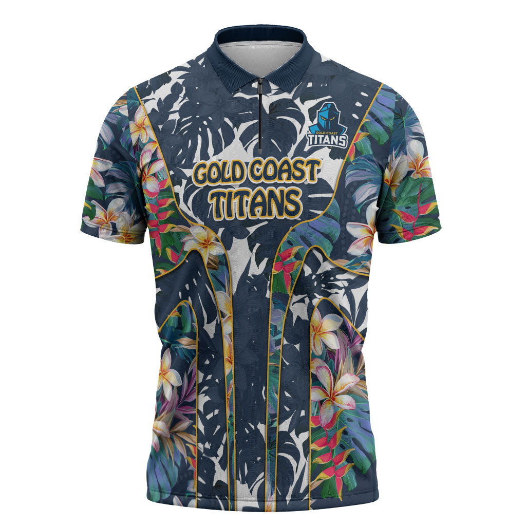 Gold Coast Titans Zipper Polo Shirt Tropical Hibiscus Floral Pattern With Blue And Yellow Accents