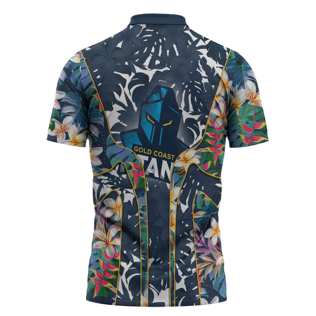 Gold Coast Titans Zipper Polo Shirt Tropical Hibiscus Floral Pattern With Blue And Yellow Accents
