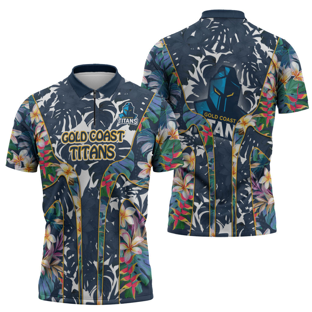 Gold Coast Titans Zipper Polo Shirt Tropical Hibiscus Floral Pattern With Blue And Yellow Accents