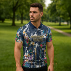 Gold Coast Titans Zipper Polo Shirt Tropical Hibiscus Floral Pattern With Blue And Yellow Accents