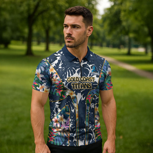 Gold Coast Titans Zipper Polo Shirt Tropical Hibiscus Floral Pattern With Blue And Yellow Accents