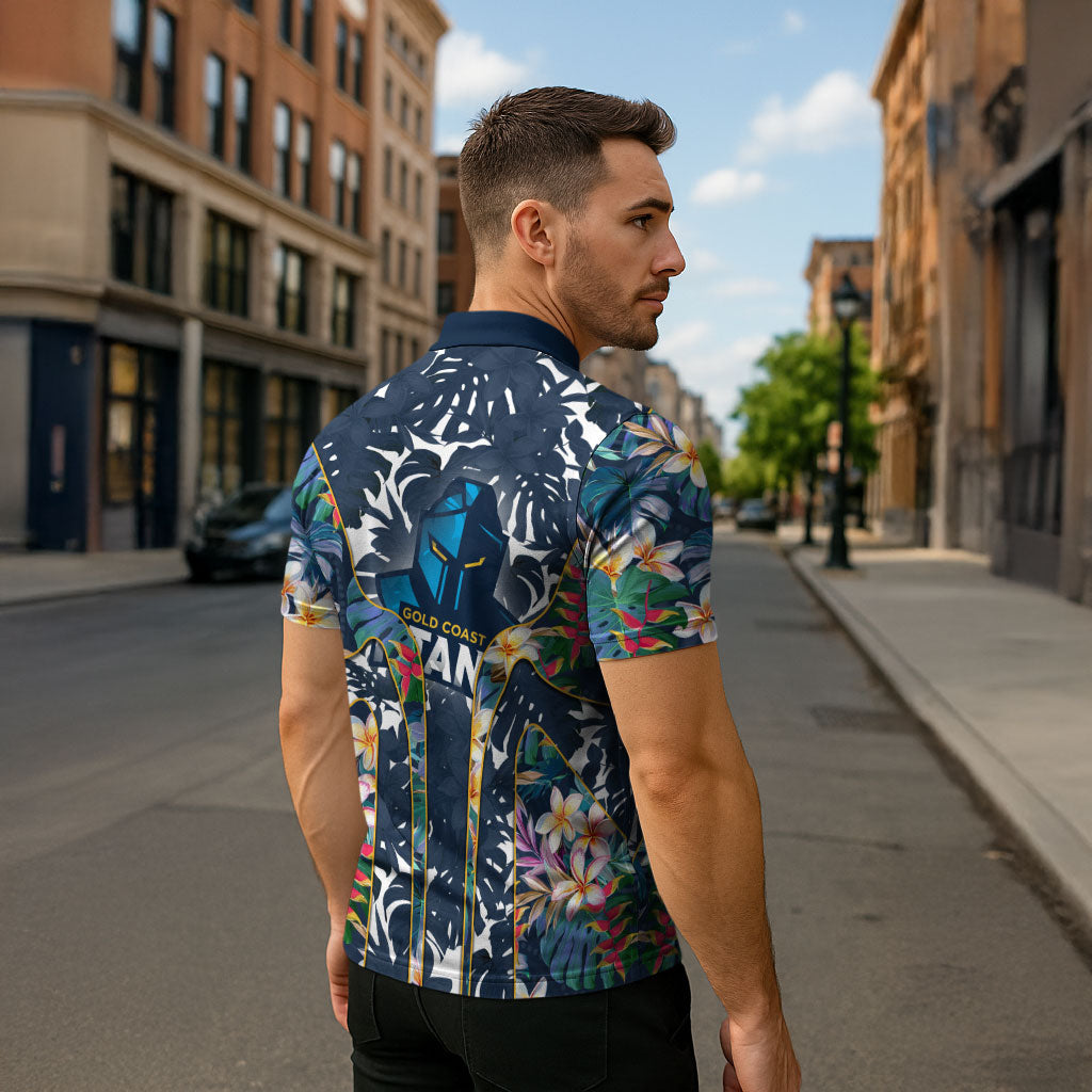 Gold Coast Titans Zipper Polo Shirt Tropical Hibiscus Floral Pattern With Blue And Yellow Accents