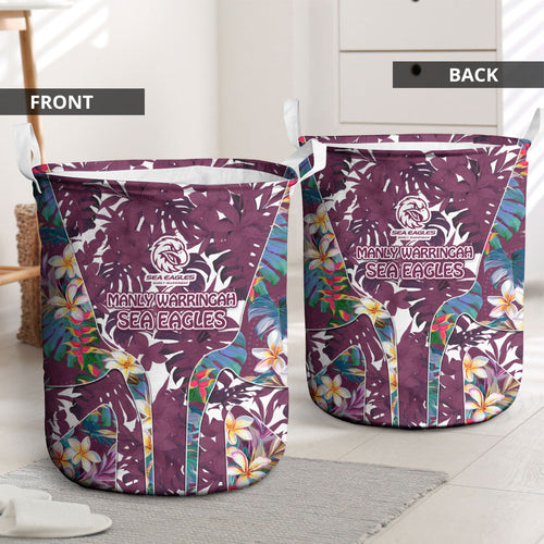 Manly Warringah Sea Eagles Laundry Basket Tropical Hibiscus Floral Pattern With Maroon And White Accents