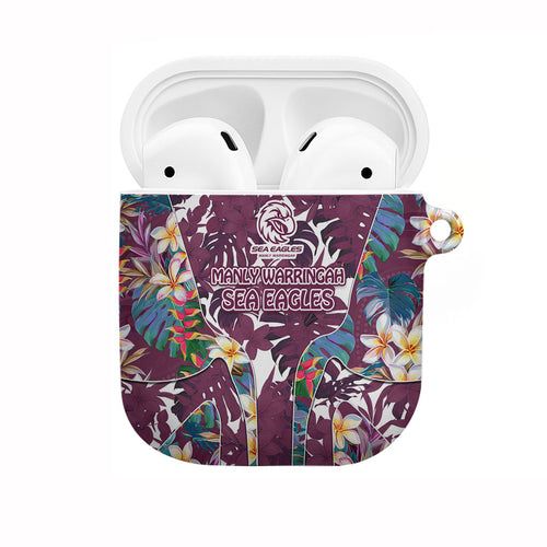 Manly Warringah Sea Eagles AirPods Case Tropical Hibiscus Floral Pattern With Maroon And White Accents
