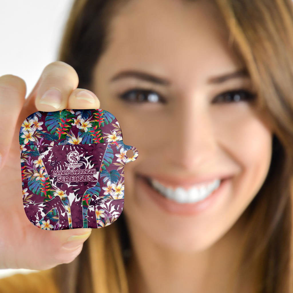 Manly Warringah Sea Eagles AirPods Case Tropical Hibiscus Floral Pattern With Maroon And White Accents