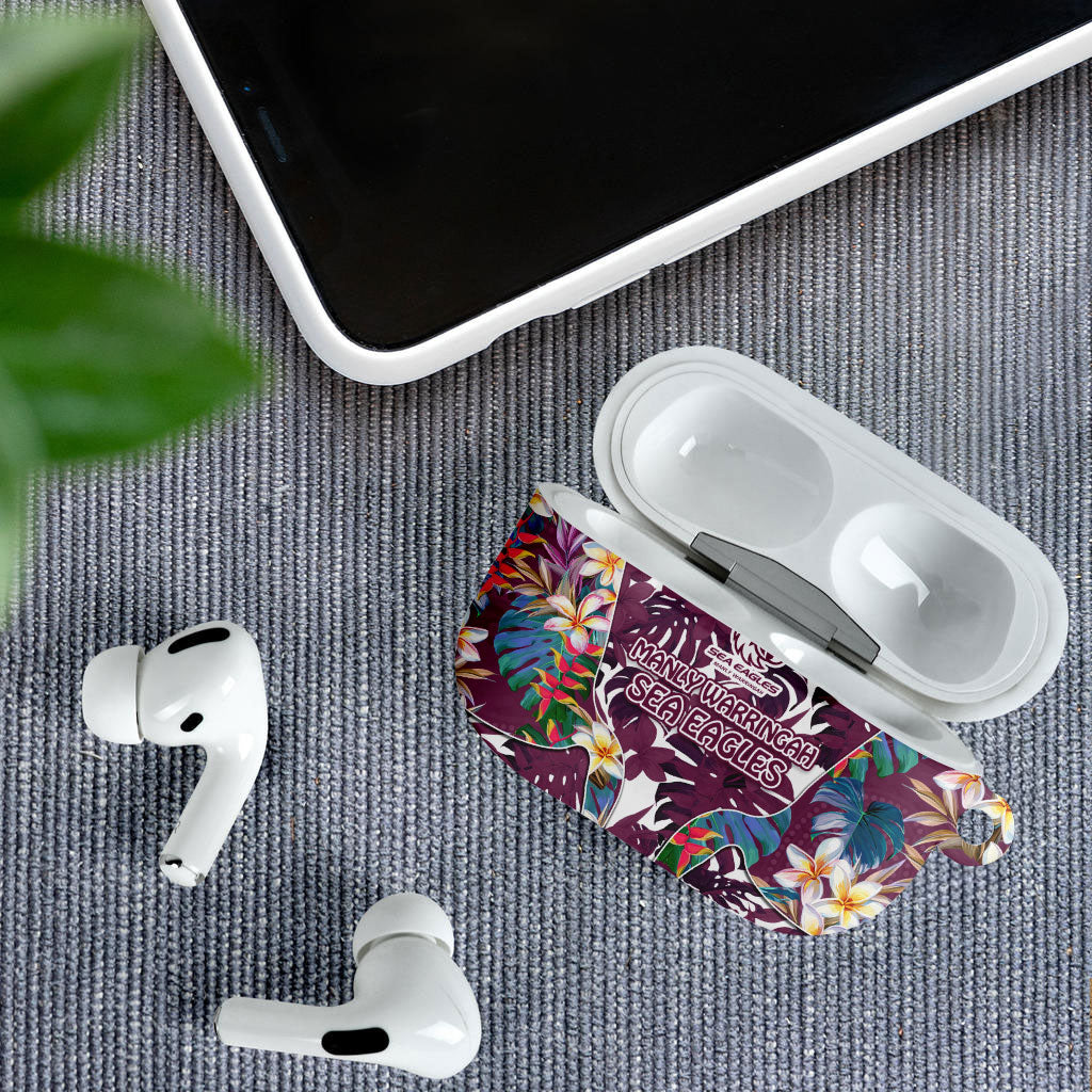 Manly Warringah Sea Eagles AirPods Case Tropical Hibiscus Floral Pattern With Maroon And White Accents