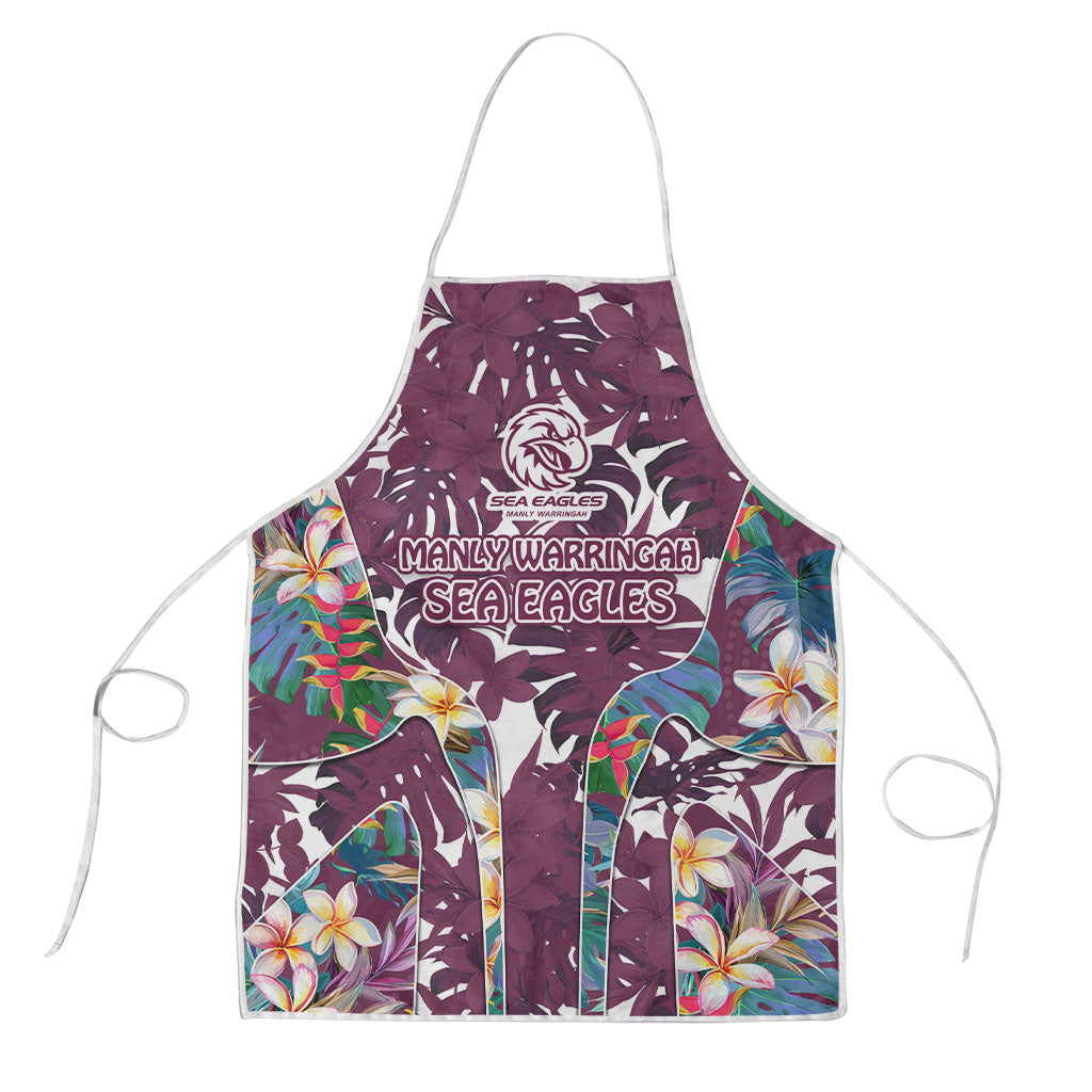 Manly Warringah Sea Eagles Apron Tropical Hibiscus Floral Pattern With Maroon And White Accents