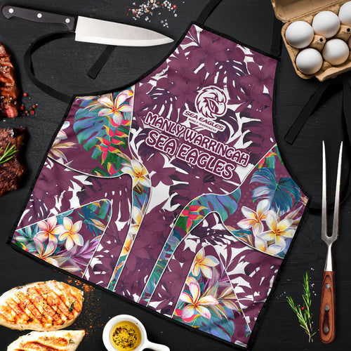 Manly Warringah Sea Eagles Apron Tropical Hibiscus Floral Pattern With Maroon And White Accents