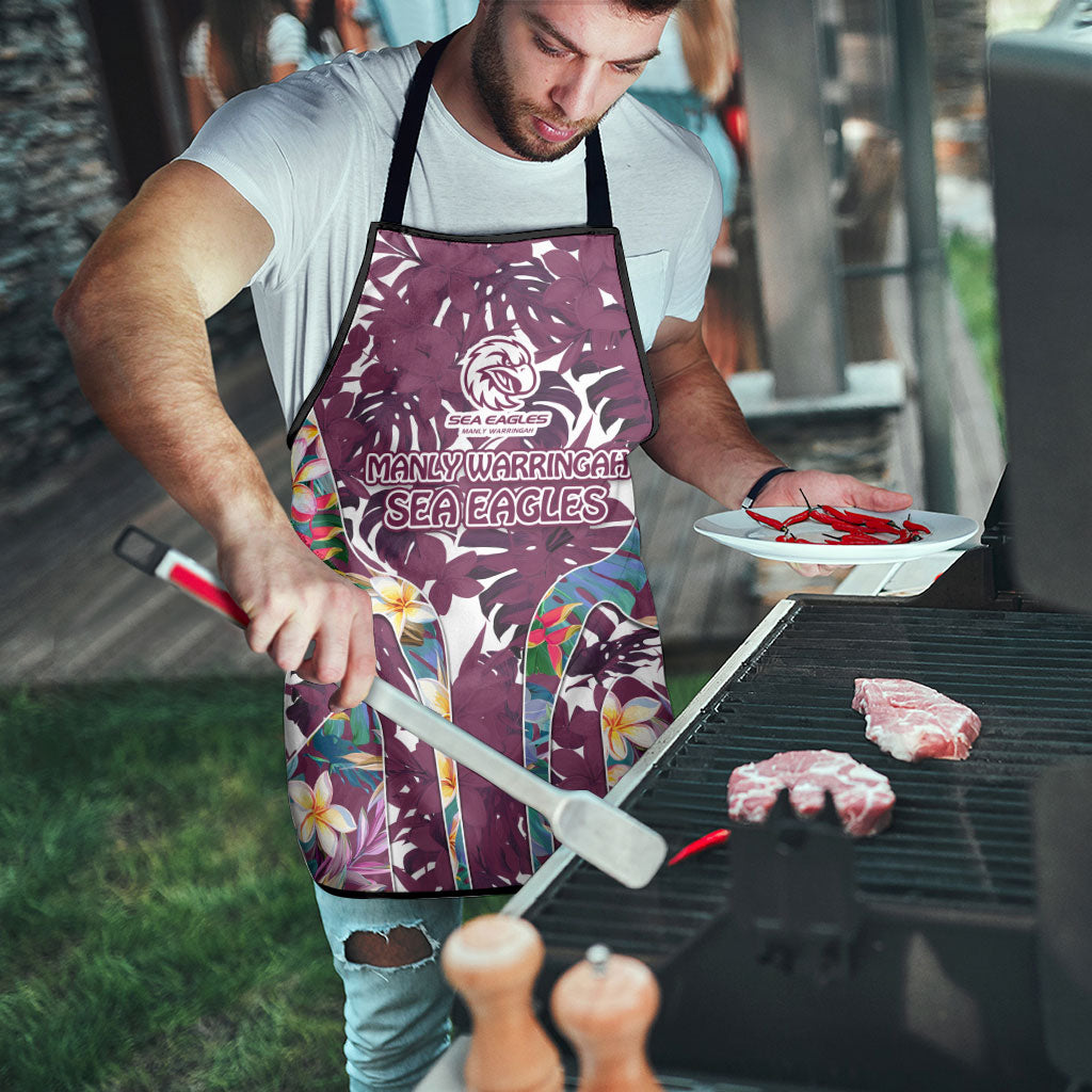 Manly Warringah Sea Eagles Apron Tropical Hibiscus Floral Pattern With Maroon And White Accents