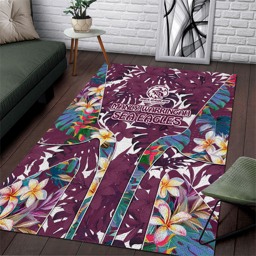 Manly Warringah Sea Eagles Area Rug Tropical Hibiscus Floral Pattern With Maroon And White Accents
