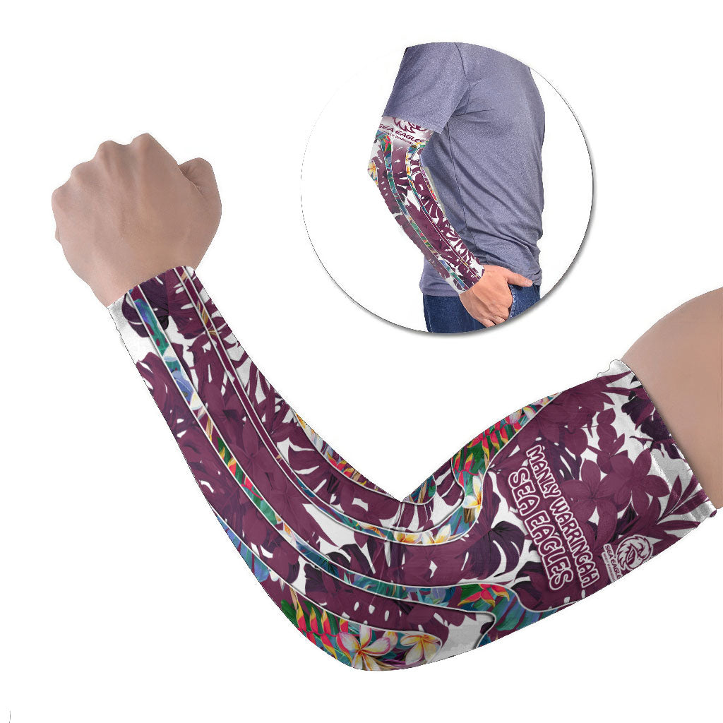 Manly Warringah Sea Eagles Arm Sleeves Tropical Hibiscus Floral Pattern With Maroon And White Accents