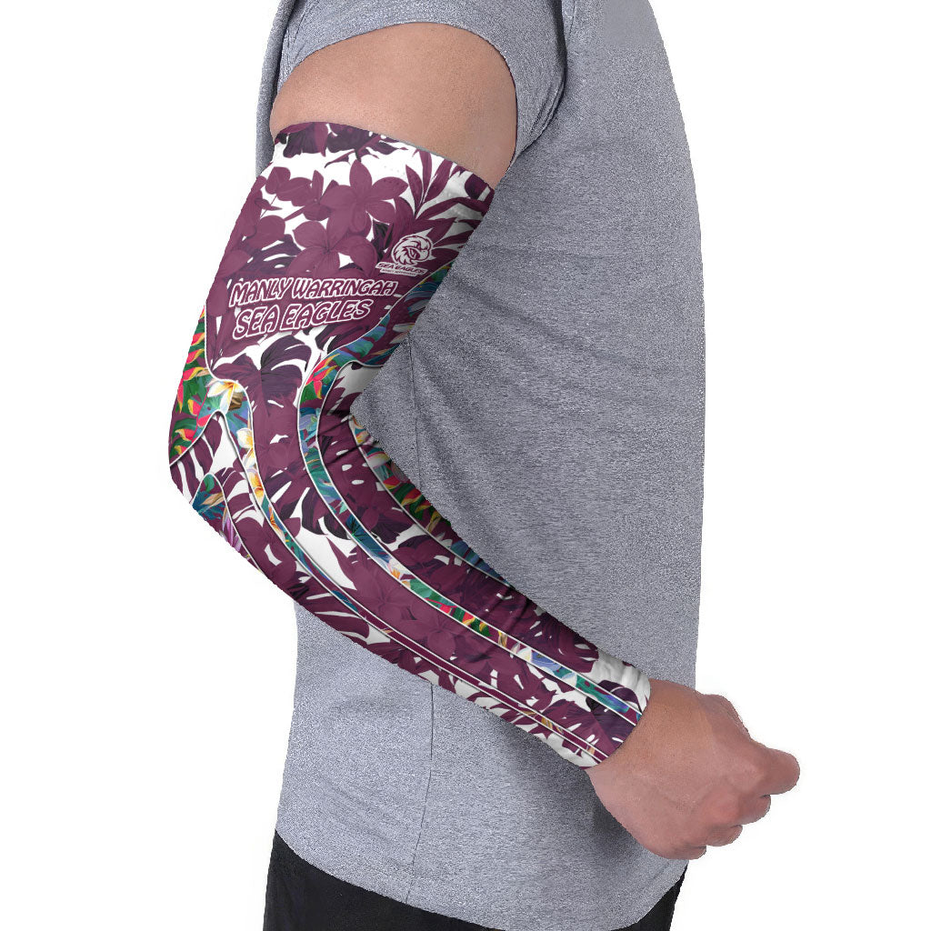 Manly Warringah Sea Eagles Arm Sleeves Tropical Hibiscus Floral Pattern With Maroon And White Accents
