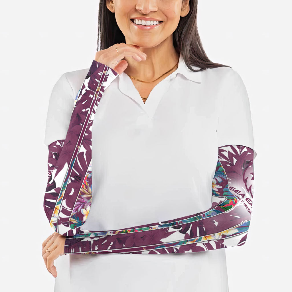 Manly Warringah Sea Eagles Arm Sleeves Tropical Hibiscus Floral Pattern With Maroon And White Accents