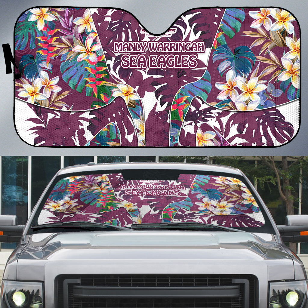 Manly Warringah Sea Eagles Auto Sun Shade Tropical Hibiscus Floral Pattern With Maroon And White Accents