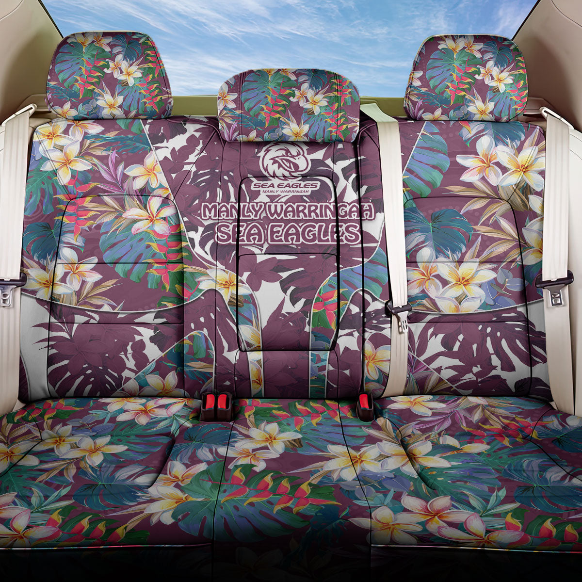 Manly Warringah Sea Eagles Back Car Seat Cover Tropical Hibiscus Floral Pattern With Maroon And White Accents