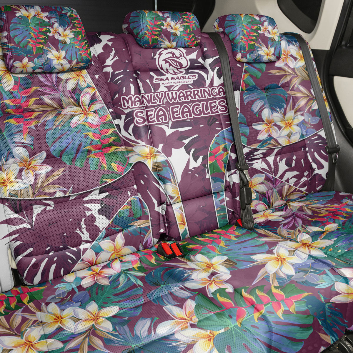 Manly Warringah Sea Eagles Back Car Seat Cover Tropical Hibiscus Floral Pattern With Maroon And White Accents