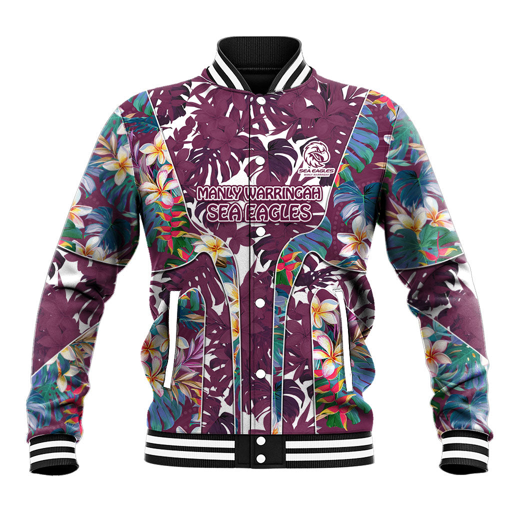 Manly Warringah Sea Eagles Baseball Jacket Tropical Hibiscus Floral Pattern With Maroon And White Accents