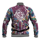 Manly Warringah Sea Eagles Baseball Jacket Tropical Hibiscus Floral Pattern With Maroon And White Accents