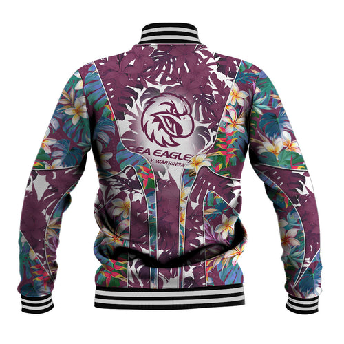 Manly Warringah Sea Eagles Baseball Jacket Tropical Hibiscus Floral Pattern With Maroon And White Accents