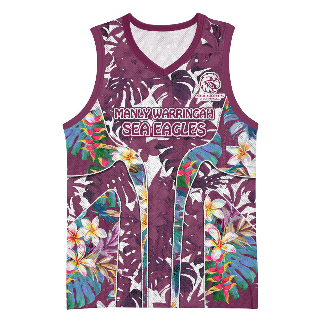 Manly Warringah Sea Eagles Basketball Jersey Tropical Hibiscus Floral Pattern With Maroon And White Accents