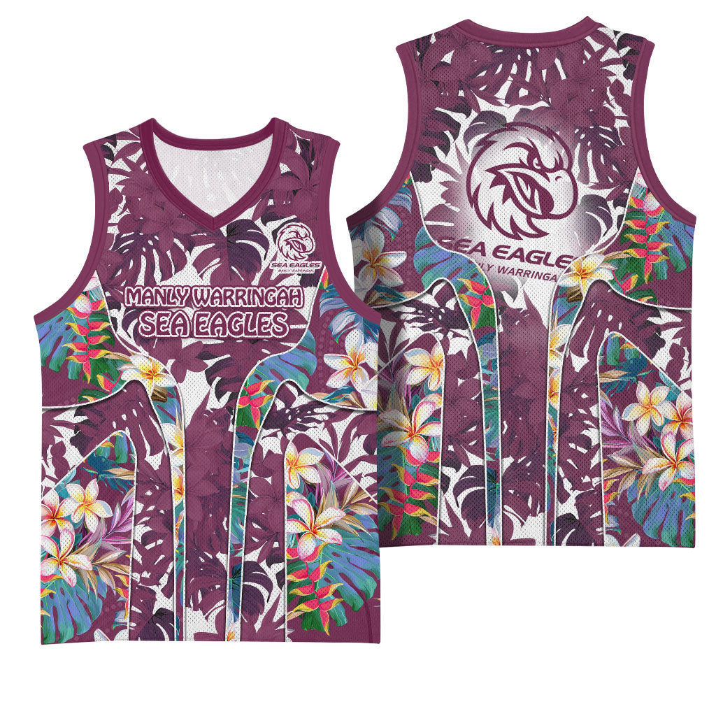 Manly Warringah Sea Eagles Basketball Jersey Tropical Hibiscus Floral Pattern With Maroon And White Accents