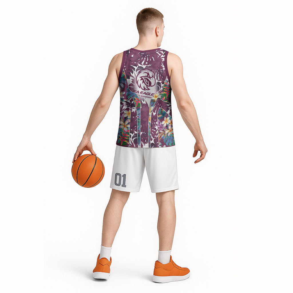 Manly Warringah Sea Eagles Basketball Jersey Tropical Hibiscus Floral Pattern With Maroon And White Accents