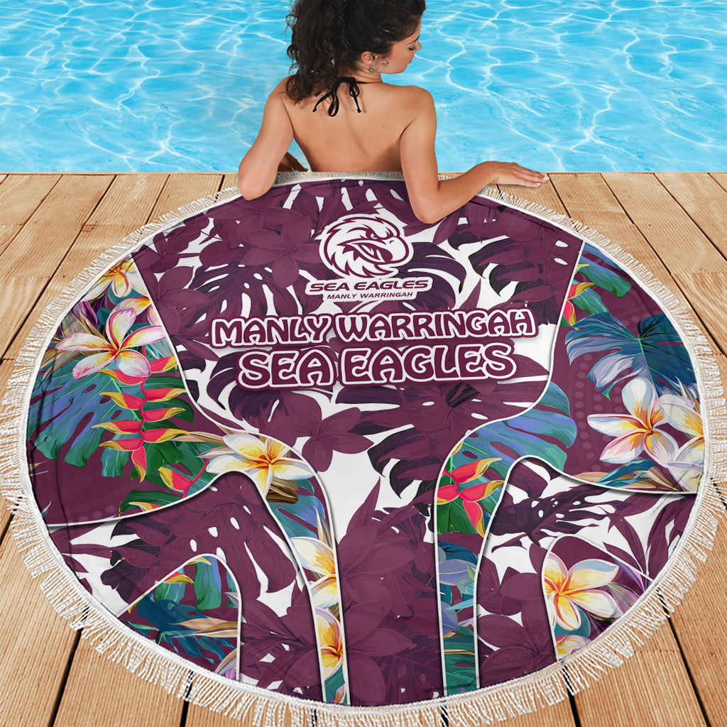 Manly Warringah Sea Eagles Beach Blanket Tropical Hibiscus Floral Pattern With Maroon And White Accents