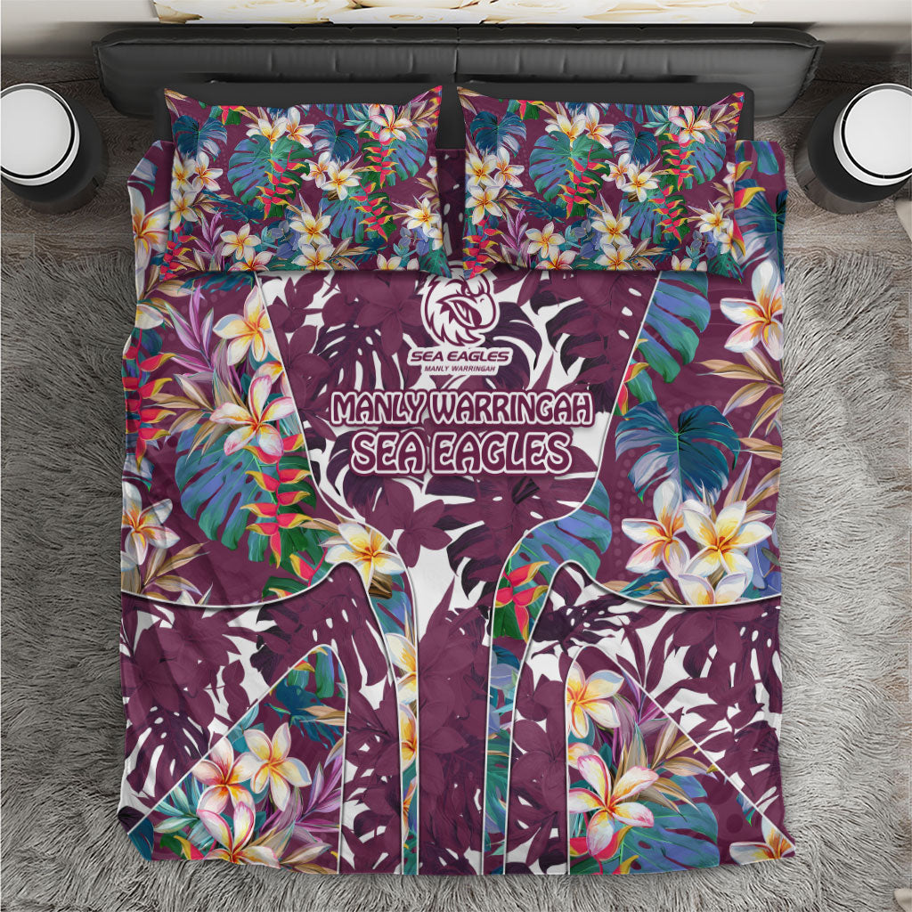 Manly Warringah Sea Eagles Bedding Set Tropical Hibiscus Floral Pattern With Maroon And White Accents