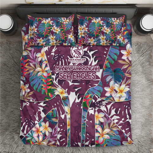 Manly Warringah Sea Eagles Bedding Set Tropical Hibiscus Floral Pattern With Maroon And White Accents