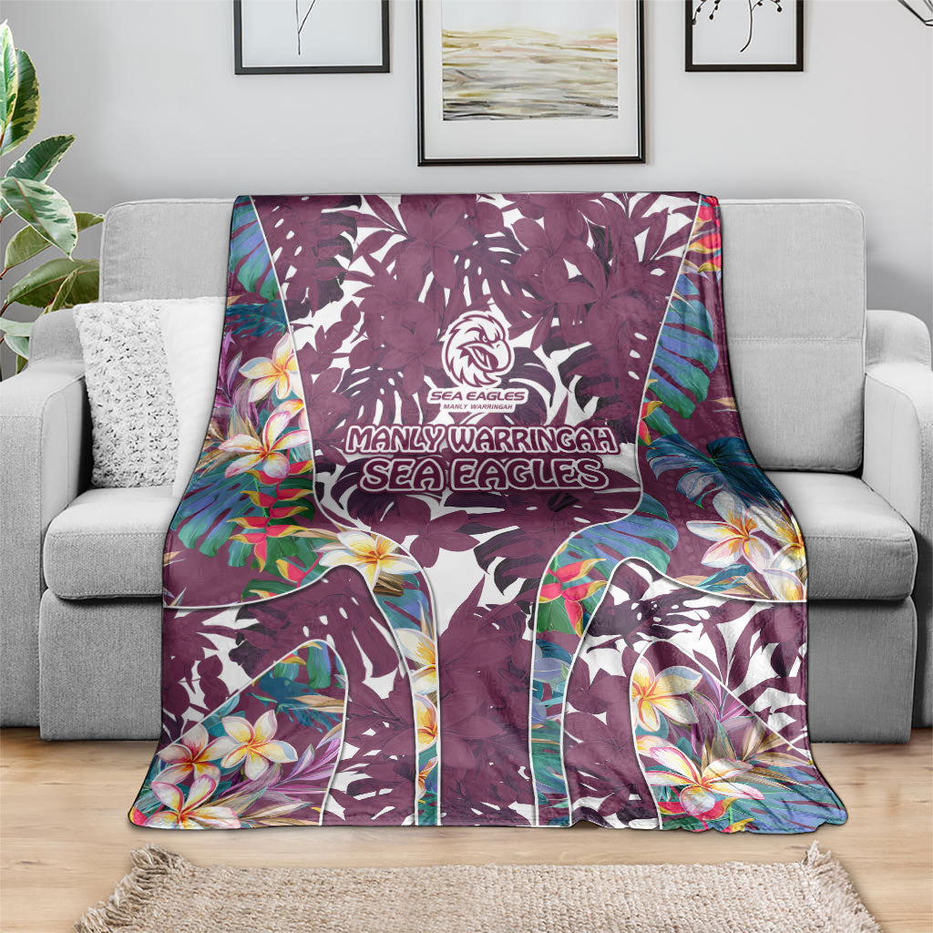 Manly Warringah Sea Eagles Blanket Tropical Hibiscus Floral Pattern With Maroon And White Accents