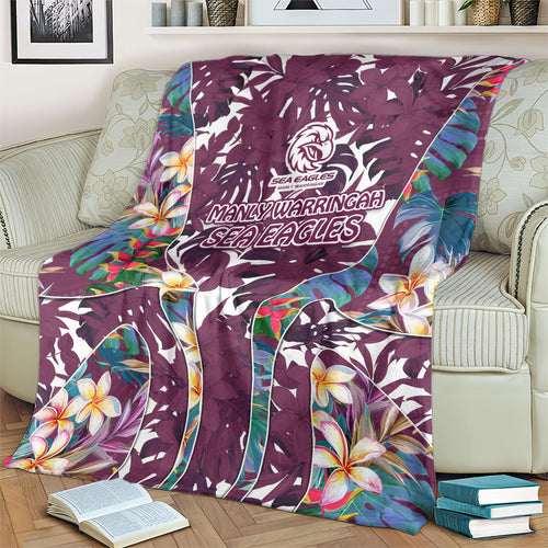 Manly Warringah Sea Eagles Blanket Tropical Hibiscus Floral Pattern With Maroon And White Accents