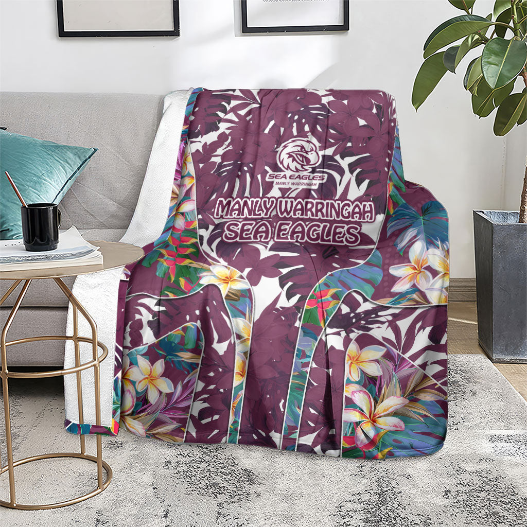Manly Warringah Sea Eagles Blanket Tropical Hibiscus Floral Pattern With Maroon And White Accents
