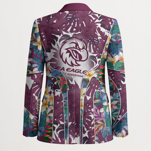 Manly Warringah Sea Eagles Blazer Tropical Hibiscus Floral Pattern With Maroon And White Accents