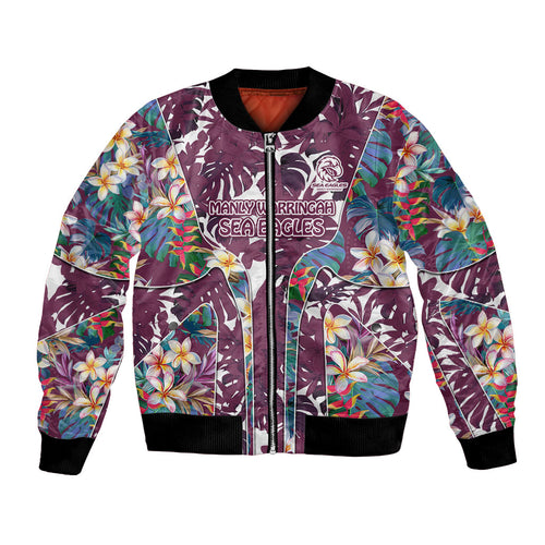 Manly Warringah Sea Eagles Bomber Jacket Tropical Hibiscus Floral Pattern With Maroon And White Accents