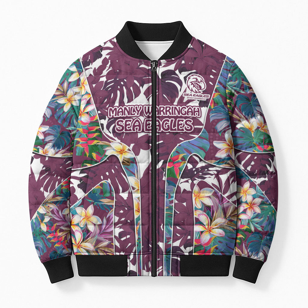 Manly Warringah Sea Eagles Bomber Puffer Jacket Tropical Hibiscus Floral Pattern With Maroon And White Accents