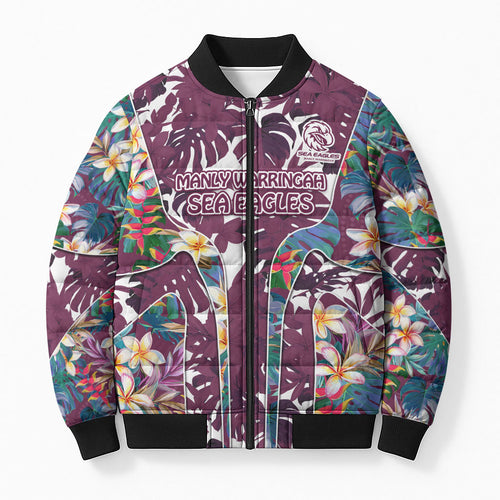 Manly Warringah Sea Eagles Bomber Puffer Jacket Tropical Hibiscus Floral Pattern With Maroon And White Accents