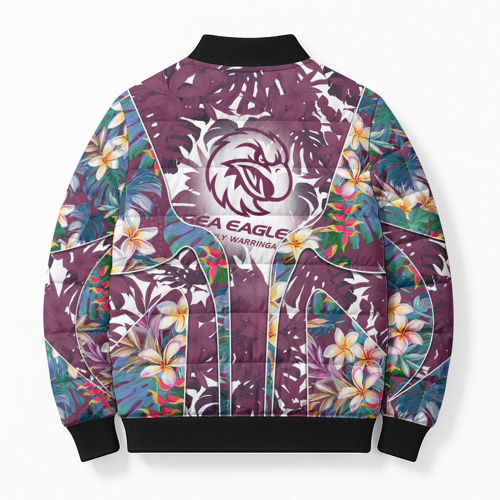 Manly Warringah Sea Eagles Bomber Puffer Jacket Tropical Hibiscus Floral Pattern With Maroon And White Accents